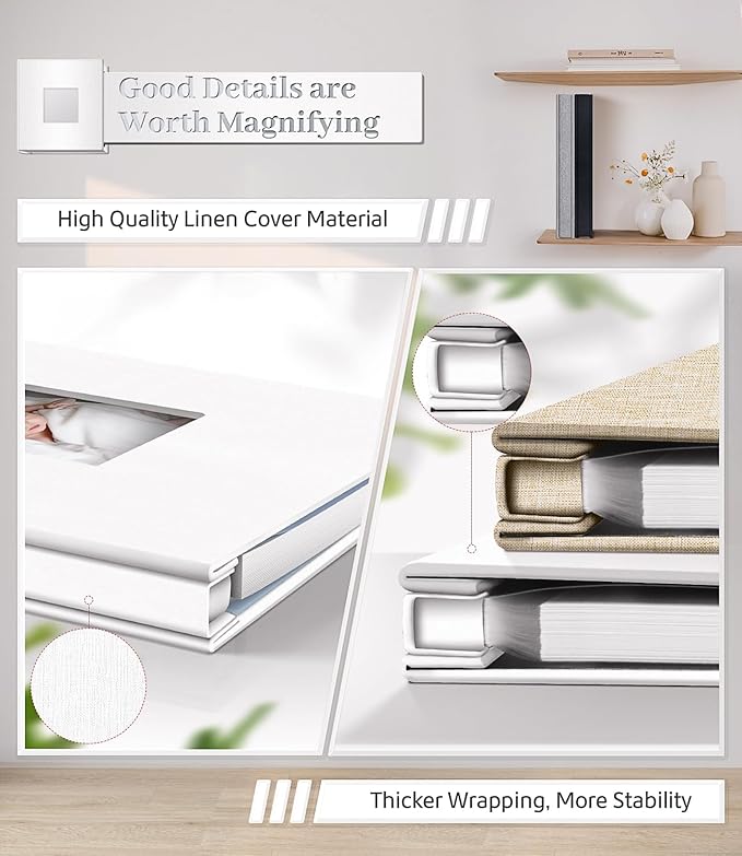 Photo Album Self Adhesive Scrapbook Album for 3x5 4x6 5x7 8x10 Pictures,120 Pages Linen Cover with Display Window DIY Photo Book,Ideal Gifts for Family Travel Wedding Baby