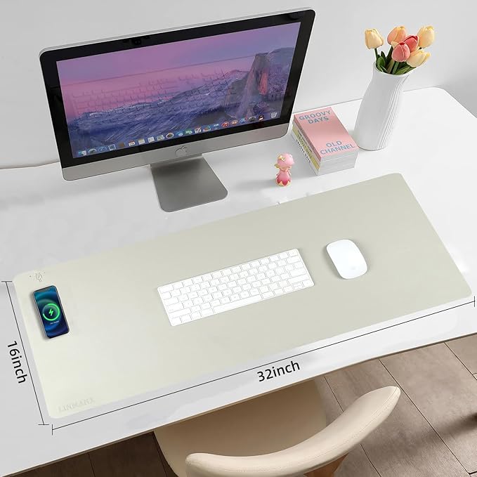 Wireless Charging Mouse Pad with for Desktop Charging Large Desk Mat 32"x16" Waterproof Gray Leather Computer Mat Mousepad Non-Slip Protector on Top of Desks for Keyboard and Mouse(Gray-R)