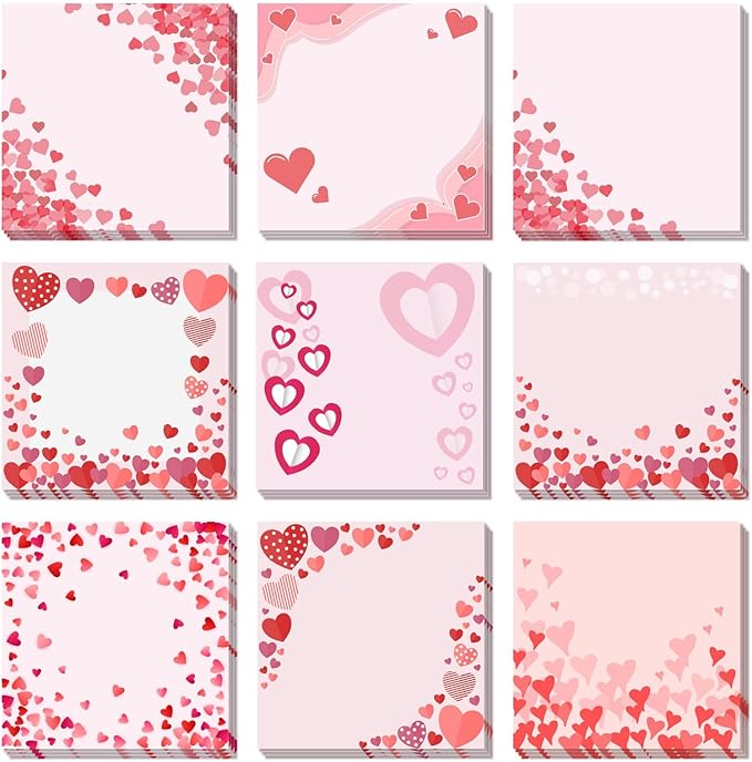 9 Pieces Valentine's Day Sticky Notes Self-Adhesive Heart Note Pads for School Office Home Supplies - Students Teachers Gift