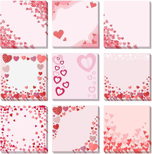 9 Pieces Valentine's Day Sticky Notes Self-Adhesive Heart Note Pads for School Office Home Supplies - Students Teachers Gift