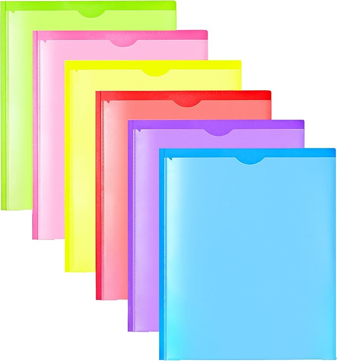 WOT I Heavy Duty Folders with Clear Front Pockets - 6 Pack, Extra Thick Plastic Folders with 3 Pocekts and 3 Prongs for Letter Size Paper/Card Slot/Assorted Colors/School/Work/Home Use