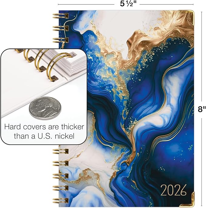 HARDCOVER 2026 Planner, 5.5"x8": 14 Months (November 2025 - December 2026), Daily Weekly Monthly Planner, Yearly Agenda, Bookmark, Pocket Folder and Sticky Note Set (Dark Blue Marble)