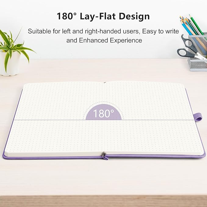 RETTACY Bullet Dotted Journal Notebook, 256 Pages, A5 Medium Size (5.7'' × 8.3''), Leather Hardcover, 120 GSM Thick Paper, for Bullet Journaling, Planning, Tracking (Purple)
