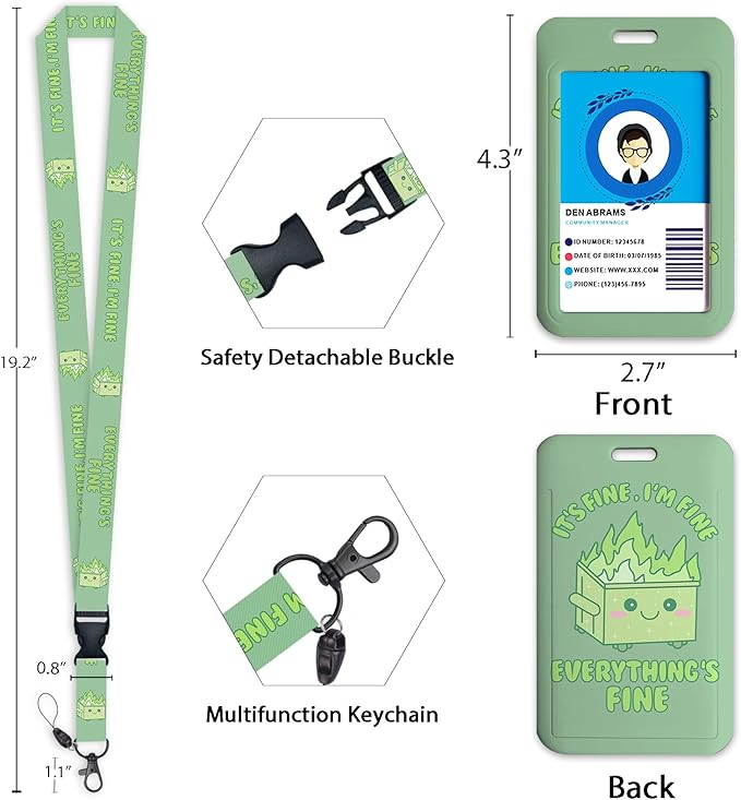 Gctriki ID Badge Holder with Lanyard, Dumpster on Fire Lanyard for Keys, Funny I'm Fine Retractable Badge Reel Clip, Teacher Lanyards for ID Badges Holder, Nurse Teacher Doctor Women Office Gifts