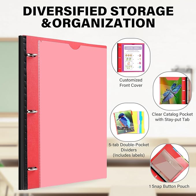 WOT I Telescoping Project Organizer 2-Pack, Refillable Binder with Dividers and Pockets, 13 Pocket Folders, 1 Inch 3 Ring Binder, Red