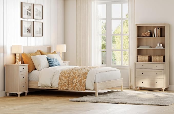 WAMPAT 3 Tier Bookshelf with 3 Drawers, 72" Tall Bookcase Large Farmhouse Display Book Case Shelf with 3-Tier Open Book Shelfs，Library Wood Bookshelves for Living Room,Kitchen, Light Oak