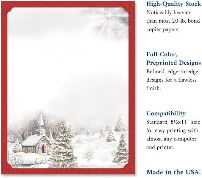 Snowy Church Holiday Letter Paper - Set of 25 Christmas stationery papers are 8 1/2" x 11", compatible computer paper