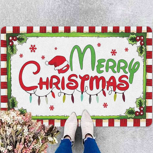 Christmas Door Mat Outdoor, Merry Christmas Plaid Hat Light Snowflakes Welcome Mats for Front Door Holiday Doormat Indoor Entryway Floor Rug for Entrance Outside Home, 16" x 24" Inch