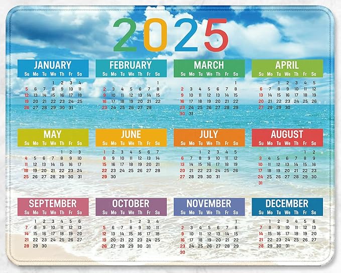 2025 Calendar Rectangular Stitched Edge Office Computer Mouse Pad, Anti Slip Rubber Desktop Gaming Mouse Pad (Beach Calendar)