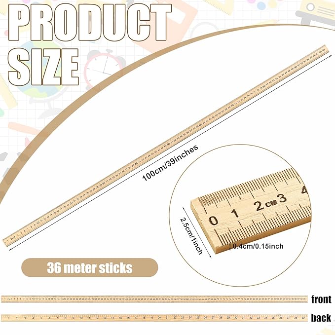 Treela 36 Pack 39 Inches Meter Stick Wood Ruler Economy Yard Stick Double Sided Heavy Duty Thick Meter for School Classroom Home Office Kids Clothing Measuring