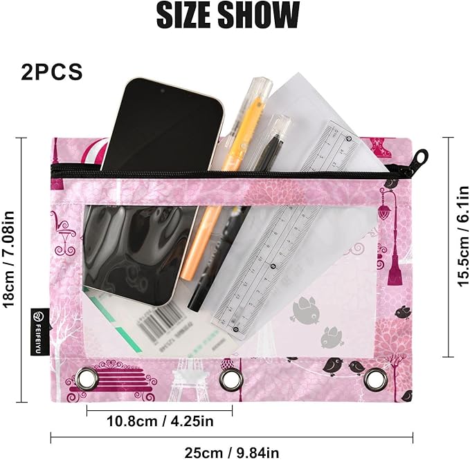 ZAZYXTJ Paris Eiffel Tower Binder Pencil Pouchs 3 Ring with Zipper Clear Window Office Organizers bag for School Students Teacher Supplies 2 Pack