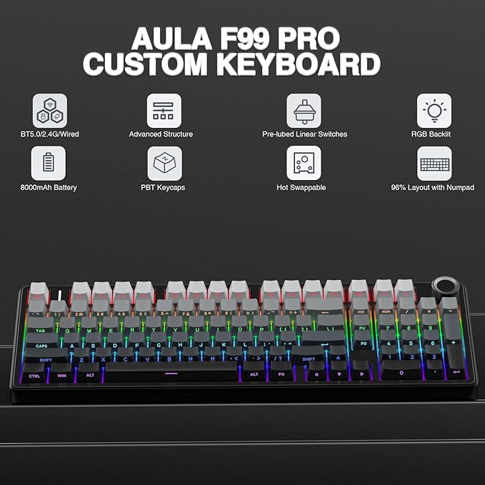 AULA F99 Pro Wireless Mechanical Keyboard with Knob,Tri-Mode BT5.0/USB-C/2.4GHz Hot Swappable Keyboard,Pre-lubed Switches,RGB Backlit PBT Keycaps Computer Gaming Keyboards (Side Printed Black)