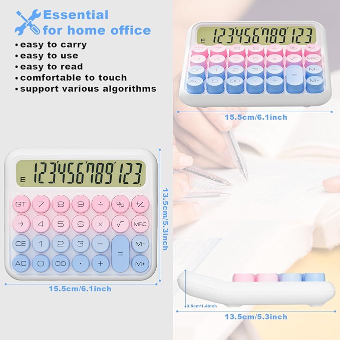 DECKLIT Battery Desk Calculator - 12 Digit Extra Large 5-Inch LCD Display, Big Buttons Easy to Press Office Calculators, 15 Tilt Screen for Kids (Blue & Pink)