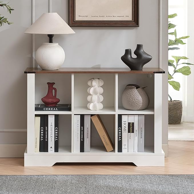 6 Cube Storage Organizer, 2 Tier Bookshelf for Living Room, Farmhouse Bookcase with Led, Kids Toy Storage Cabinet, Wall Cubby Shelves for Home Decor, Wood Display Cabinet for Bedroom, White