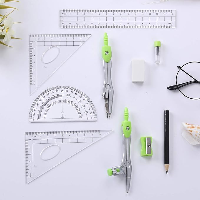 Math Geometry Kit Sets 10 Piece Student Supplies with Shatterproof Storage Box,Includes Rulers,Protractor,Compass,Eraser,Pencil Sharpener,Lead Refills,Pencil,for Drafting（Green）