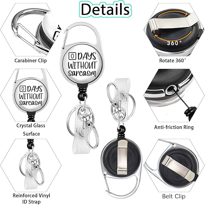 Gctriki Funny Badge Reel Retractable Heavy Duty with 360° Swivel Carabiner Clip, Cute ID Badge Holder, Nurse Teacher Retractable Keychain Name Badge Clip - Nurse Gifts（Zero Days Without Sarcasm）
