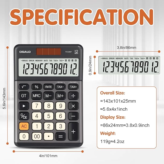 Pendancy Office Small Calculator Desktop with Tax+/- for Tax Calculation, 12 Digit Large LCD Display, Solar Battery Power, Durable Portable Design, Financial Accounting Business Home Use(OS-200T-Gray)