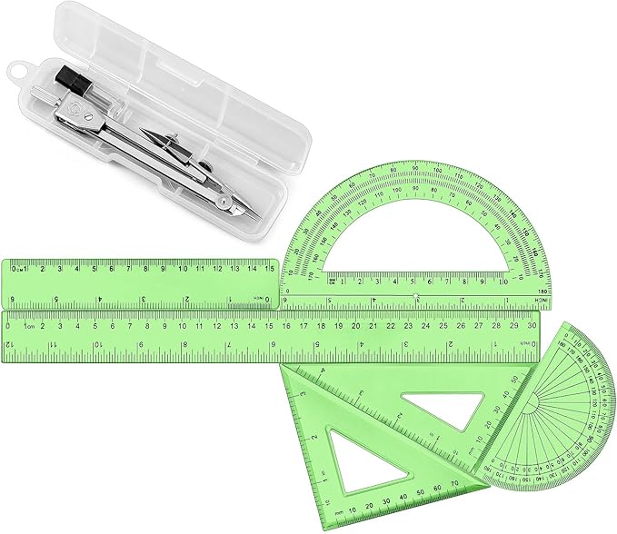 Zonon 1 Set Plastic Geometry Math Set Includes Drawing Compass, 6 Inch 4 Inch Protractor, 45/60 Degree Triangle Rulers 12 Inch 6 Inch Math Ruler Transparent for Office Supplies(Green)