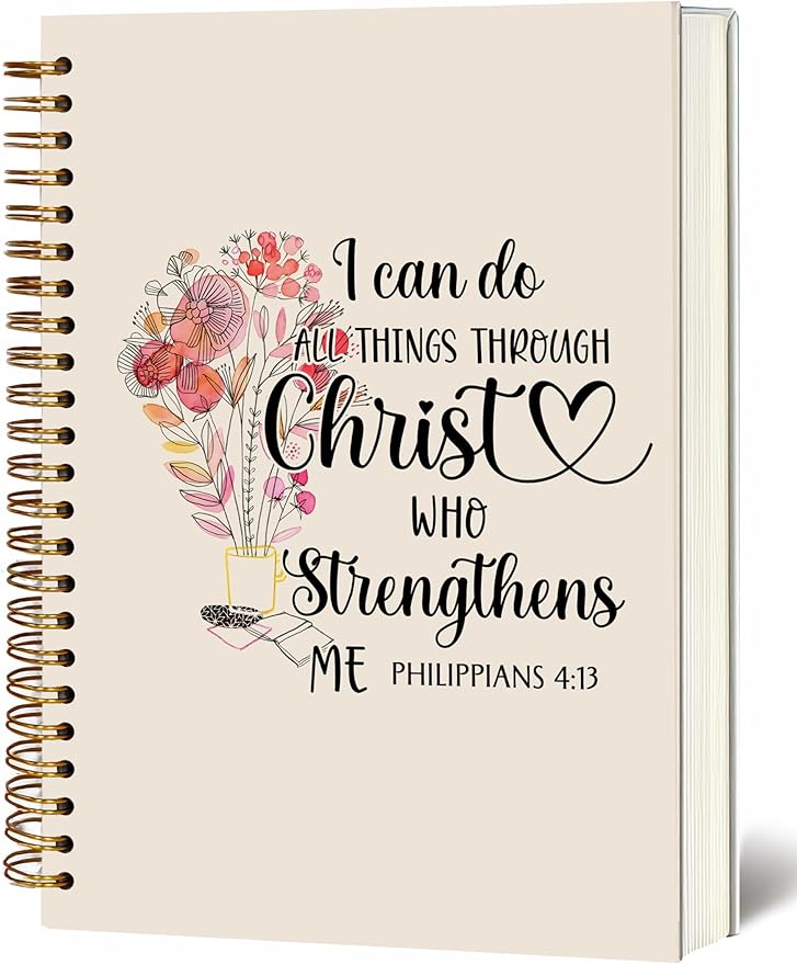 Bible Notebook, A5 Spiral Christian Journal Pink Floral Notebook, Bible Verse-I Can Do All Things Through Christ Who Strengthens Me, Inspirational Notebooks for Women, Gift for Birthday Christmas
