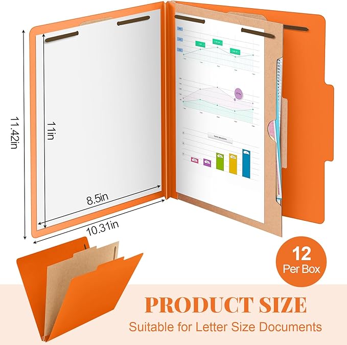Skyygemm 12 Pack Classification File Folders Bulk with Divider and 2" Expansion, Pressboard Folder with 2 Prong Fasteners for Employee Records Medical Charts Office Document Organization(Orange)