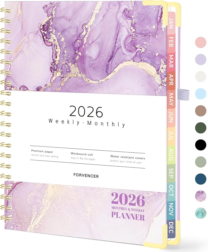 Forvencer 2026 Planner, Hardcover Calendar Planner Weekly and Monthly, January 2026 - December 2026, 8.5" x 11", Spiral Agenda Book with Tabs, Exquisite Daily Journal with Inner Pocket, Organizer Notebook for Office Home School, A4 Size, Purple Marble