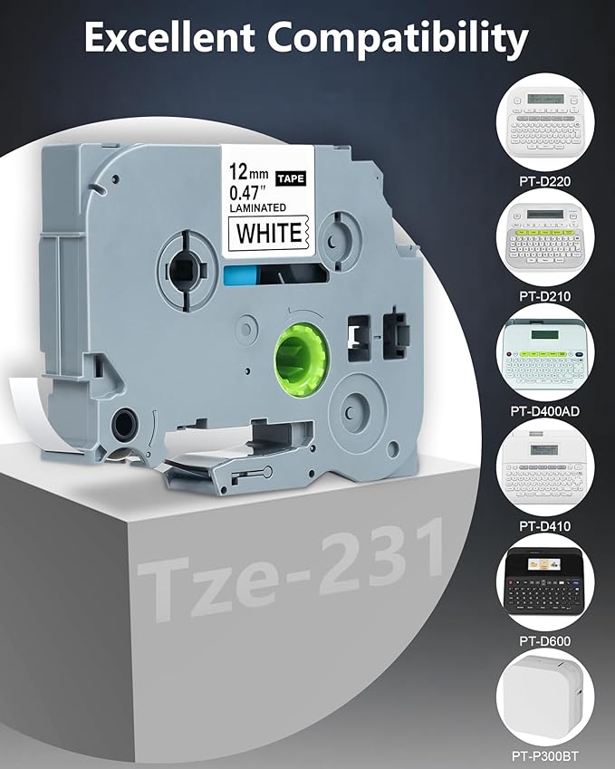 Replacement for Brother Label Maker Tape, P-Touch Label Tape, Tz 231 Tape 12mm 0.47 Laminated Black on White, Compatible with Brother PT-D210 H110 D220 D400 D410 D600, 8-Pack