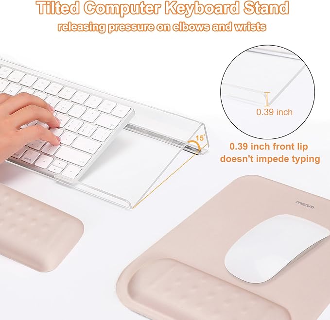 MOSISO Computer Keyboard Stand&Wrist Rest Support for Keyboard &Mouse Pad Set, Ergonomic Massage Wrist Rest Set, Easy Typing Working Acrylic Clear Stand for Office Home, Apricot