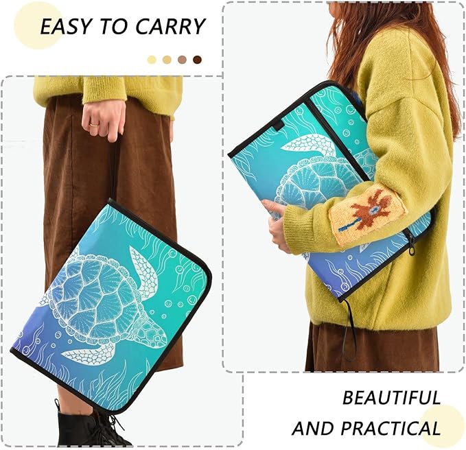 Expanding File Folder,13 Pocket Accordion File Folders with Sticky Labels,A4 Letter Size Paper Document Organizer with Zipper Closure for Office School Boys Girls，Underwater Seaweed Sea Turtle