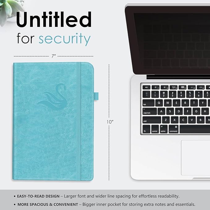 Elegant Password Book with Alphabetical Tabs - Hardcover Password Book for Internet Website Address Login - 7" x 10" Password Keeper and Organizer w/Notes Section & Back Pocket (Turquoise)