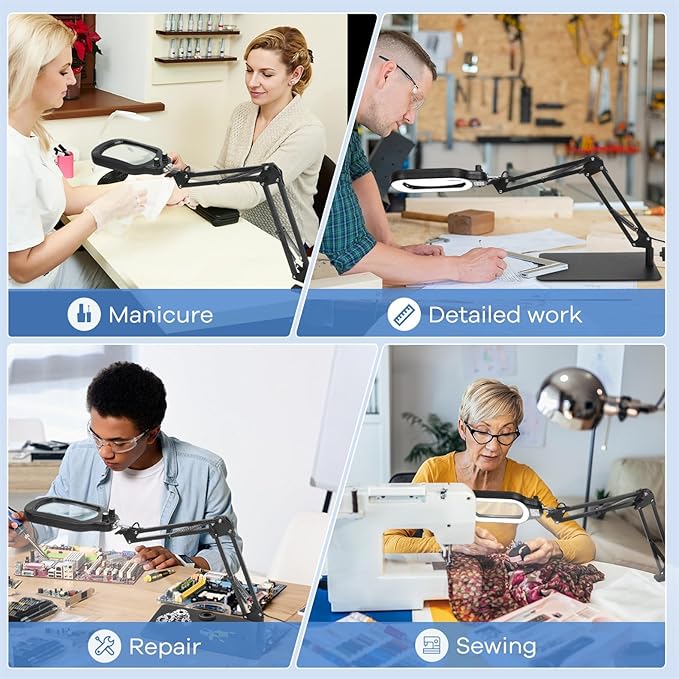 10X Rectangle Magnifying Glass with Light and Stand, Real Glass Lighted Magnifier Hands Free, Mechanical Knob 5 Color Modes Stepless Dimmable, 2-in-1 LED Desk Lamp with Clamp for Close Work, Reading