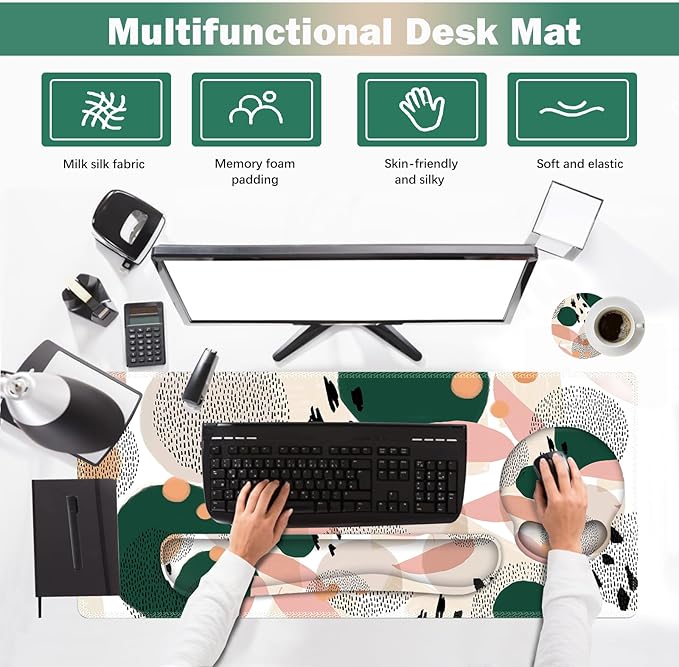 ARTSO Desk Mat, Large Gaming Mouse Pad Wrist Support Set, Ergonomic Keyboard Wrist Rest Desk Pad with Coaster Combo, Extended Mousepad with Non-Slip for Home Office, Abstract Point
