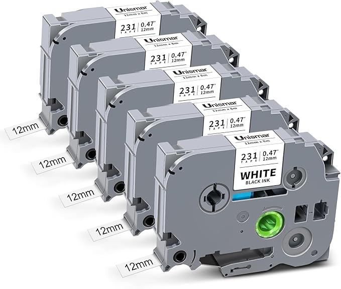 Unismar 5-Pack TZ Tape 12mm 0.47 Laminated White Compatible for Brother P Touch Label Maker Tape TZe-231 TZe231 TZe-2312pk 1/2" Refills for Ptouch PT-D220 D210 D610BT D200 1280, Black on White