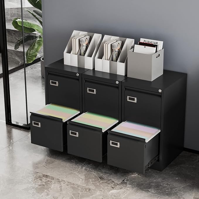 2 Drawers Vertical File Cabinets - 17.8" Deep Lockable Filing Cabinet - Black Metal Storage Cabinets for Home Office to Hanging Files Letter/Legal/F4/A4 Size