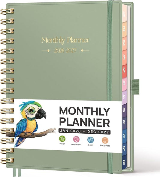 RETTACY 2026-2027 Monthly Planner, Jan 2026 - Dec 2027, Medium Size (5.7" x 8.3"), Agenda, Calendar, 24 Month Tabs, Flexible Plastic Cover, 100 GSM Thick Paper, Spiral-bound (Light Green)