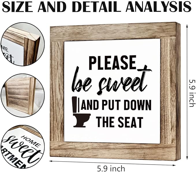 Wooden Box Signs for Home Decor, Funny Bathroom Sign, Please Be Sweet and Put Down the Seat Sign, Farmhouse Bathroom Decor Tabletop, Rustic Bathrooms Signs