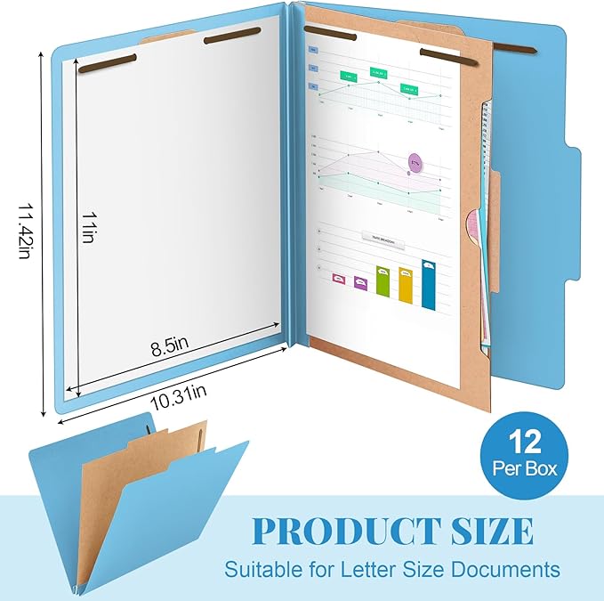 Skyygemm 12 Pack Classification File Folders Bulk with Divider and 2" Expansion, Pressboard Folder with 2 Prong Fasteners for Employee Records Medical Charts Office Document Organization(Blue)