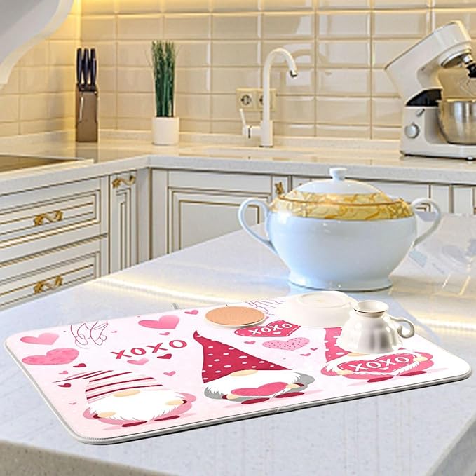 Happy Valentine Hearts Gnomes Dish Drying Mat 18 X 24 In Red Love Absorbent Microfiber Dry Dishes Pads Tableware Mats Protector for Kitchen Countertops Counter Home Decorations