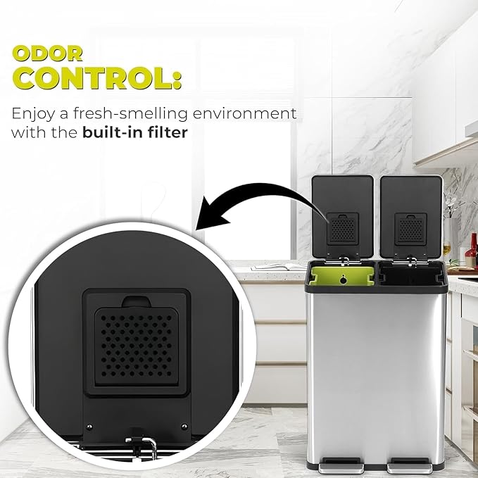 SIMPLI-MAGIC 16 Gallon (60L) Dual Compartment Step Trash Can – Kitchen Garbage Can with Waste & Recycling Bins – Slow-Close Lid, Odor Control, Hands-Free, Inner Bases, Premium Stainless Steel