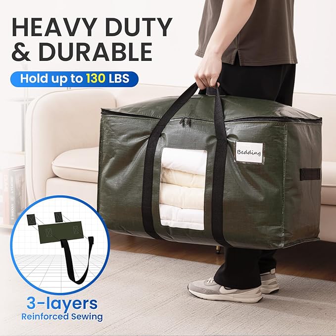 TAILI 4 Pack Green Extra Large Storage Bags, Heavy Duty Totes with Visible Window, Wrap Around Handles, Perfect for Moving