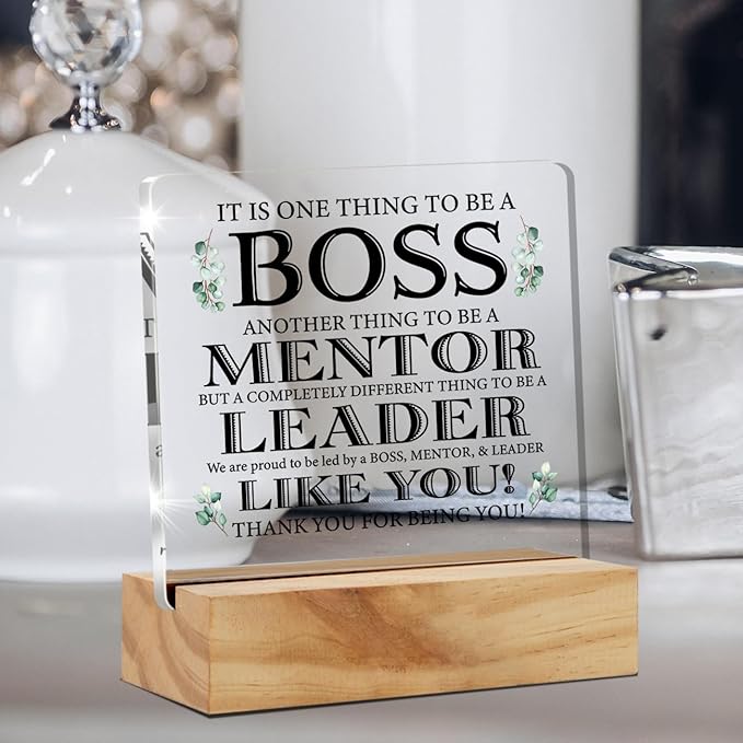 Appreciation Boss Gifts for Men & Women - Acrylic Desk Plaque Sign with Wood Stand for Home Office