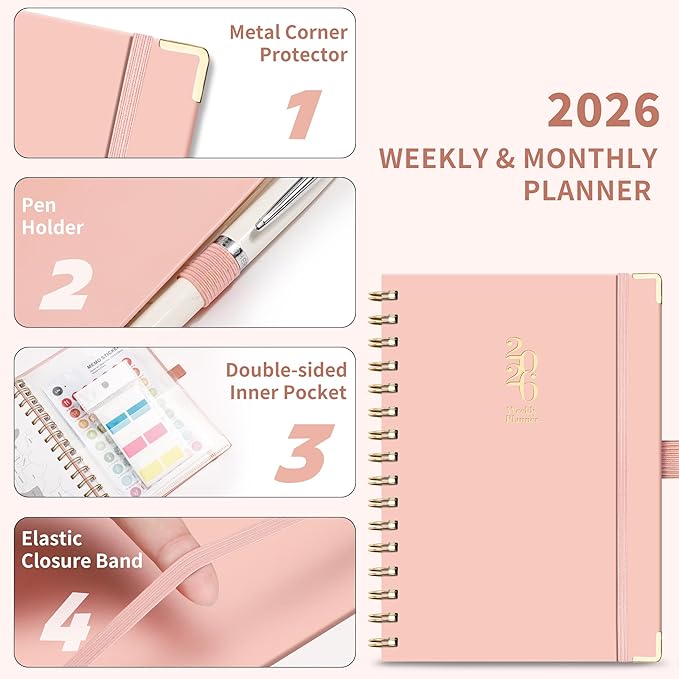 2026 Planner, Weekly and Monthly, A5 Size (5.7" x 8.3"), Jan 2026 - Dec 2026, Calendar, To-do List, Agenda, 12-Month Tabs, Hardcover, 100 GSM Thick Paper, Spiral-bound (Pink)