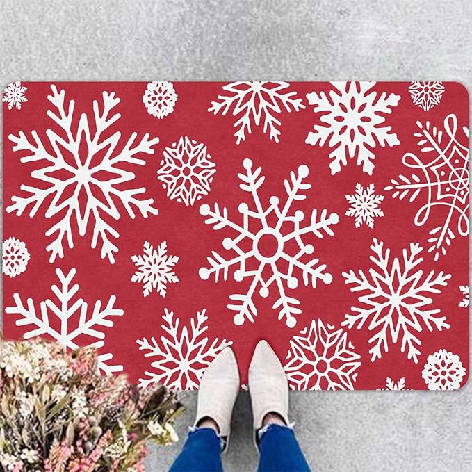 InterestPrint Christmas Red Door Mat Xmas Snowflakes Doormat Washable Floor Mats Outdoor Indoor Non-Skid Area Rug Entry Doormat for Bedroom Living Room Kitchen Nursery, 18" x 30"Inch