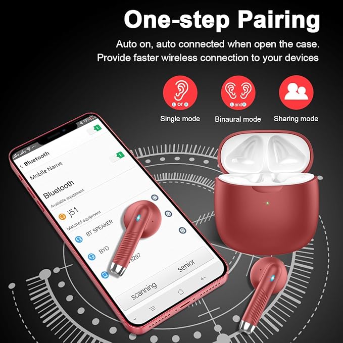 Wireless Earbuds, Bluetooth 5.4 Headphones in Ear with Noise Cancelling Mic, Bluetooth Earbuds Stereo Bass, IP7 Waterproof Sports Earphones, 32H Playtime USB C Charging Ear Buds Red for Android iOS