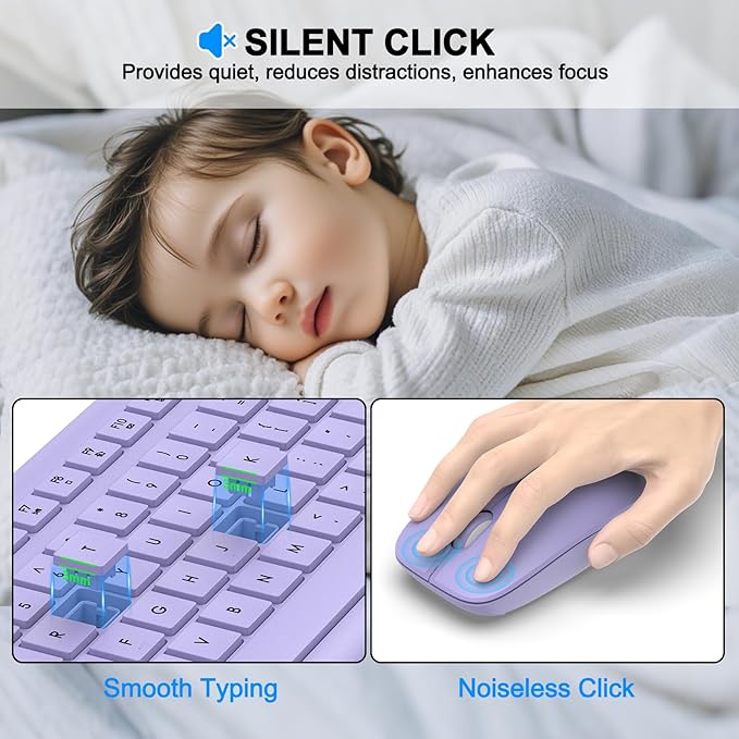 Wireless Keyboard and Mouse Combo, Full Size Silent Ergonomic Keyboard and Mouse, Long Battery Life, Optical Mouse, 2.4G Lag-Free Cordless Mice Keyboard for Computer, Mac, Laptop, PC, Windows(Purple)