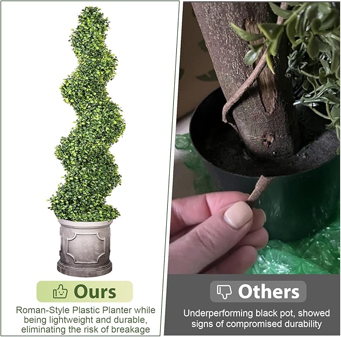 3FT Artificial Spiral Boxwood Topiary Trees with Antique-White Roman-Style Planter - Outdoor&Indoor Year-Round Garden, Porch, Entryway Decor (2 Pack)
