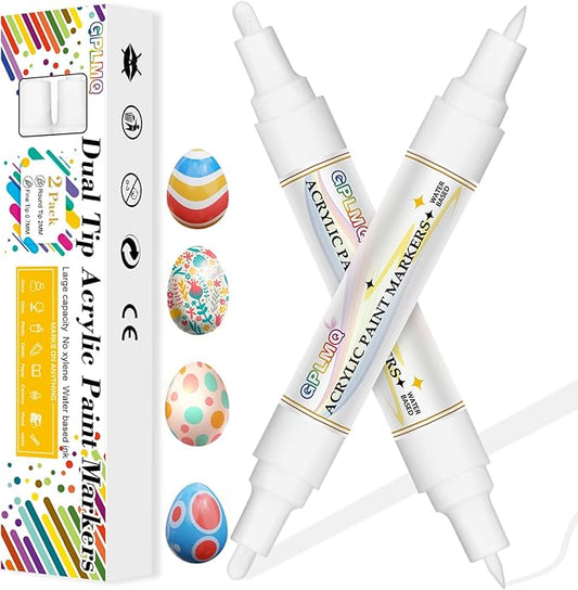 Paint Markers Paint Pens - 2 Pack Dual Tip Acrylic Permanent Marker (0.7mm & 3mm), Non-Toxic, Water-Based for Art Painting, Stone, Ceramic, Glass, Wood, Fabric, Metal, DIY Crafts (White)