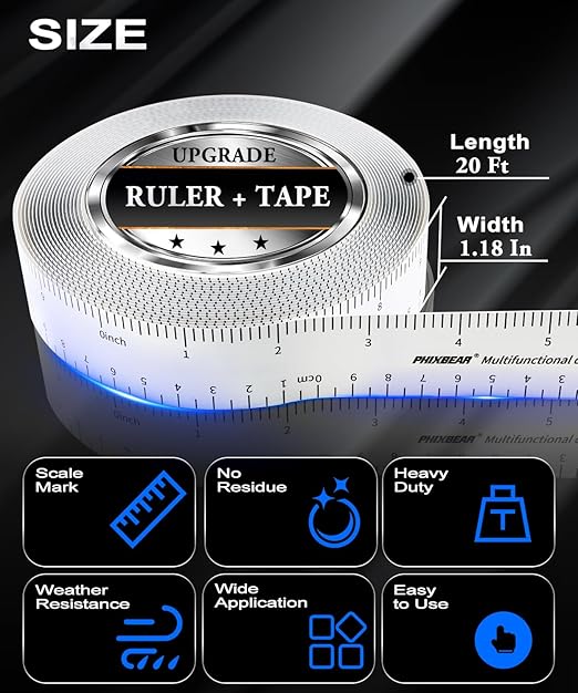 Extra Large 1.18 "x20Ft Heavy Duty Clear Double Sided Tape Mounting with Inch Measurement Mark, Removable Tough Nano Strong Tape, Used for Walls, Carpets, Posters, Dormitories