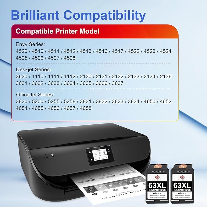 Toner Kingdom 63XL Ink Cartridge Remanufactured for HP Ink 63 XL Black Ink Cartridge High Yield Works with OfficeJet 3830 4630 4650 4655 5252 5255 5258 Envy 4520 4512 DeskJet 1112 2130(2 Black)