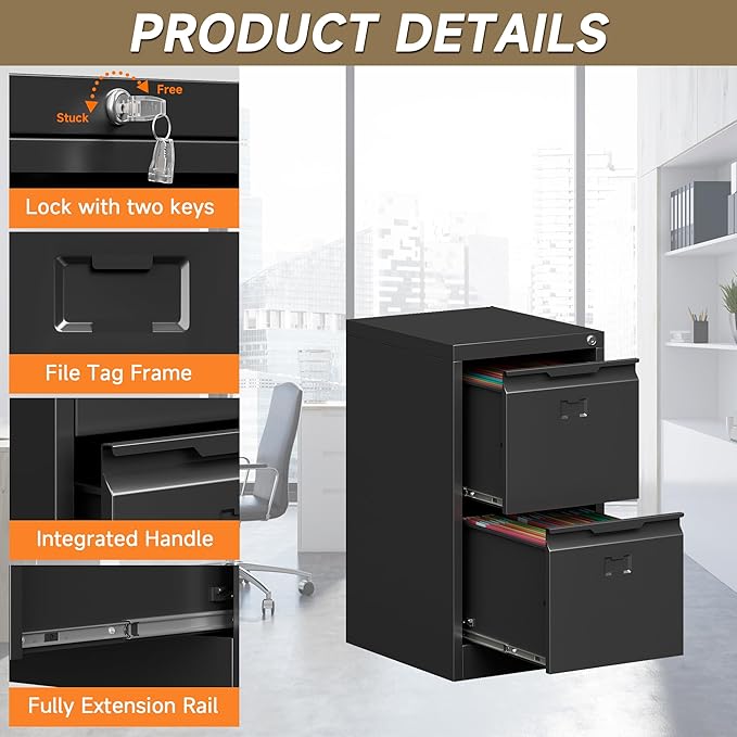 2 Drawer File Cabinet, Metal Vertical File Cabinets with Lock for Home Office, Locking File Cabinet Hanging Files for A4/ Legal/Letter, Assembly Required (Black, 2 Drawer - 15" W)