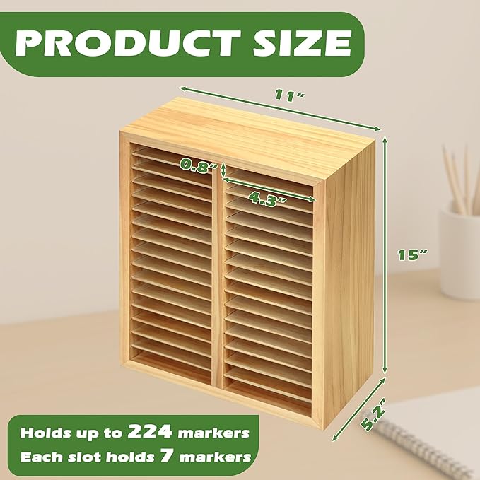 PROLEE Marker Storage Organizer for 224 Markers,Wooden Alcohol Marker Holder with 32 Slots,Markers Pens Pencils Art Supply Storage Rack for Desk Home Classroom Office Decor (Natural, 15“x11”x5.2 “)